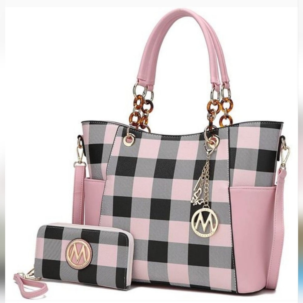 Mia K Farrow MKF Collection Handbag Tote Purse, Dust Cover & Wallet Pink/Black